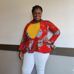 African Print  Long Sleeved Peplum Red Blouse - Image 3