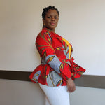 African Print  Long Sleeved Peplum Red Blouse - Image 5