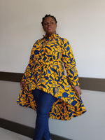 Kente African Print High Low Button up Shirt (Blue Yellow ) - Image 2