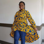 Kente African Print High Low Button up Shirt (Blue Yellow ) - Image 3
