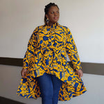 Kente African Print High Low Button up Shirt (Blue Yellow ) - Image 1